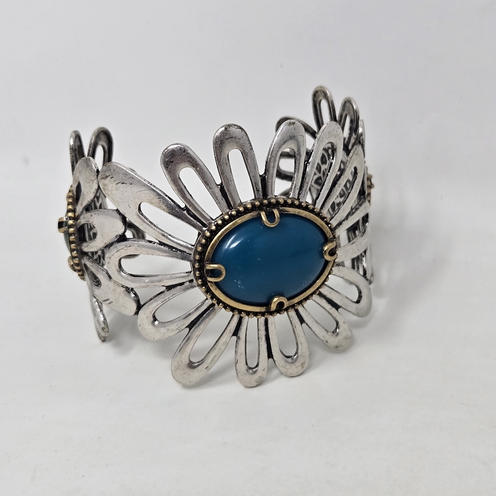 LUCKY BRAND Boho Southwest Faux Turquoise Malachite Flower Cuff Bracelet Western